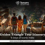 Tourists on steps overlooking historic Indian city, Golden Triangle Tour