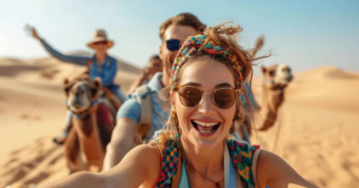 A woman taking a selfie on a camel safari in the desert, with others riding camels and smiling in the background